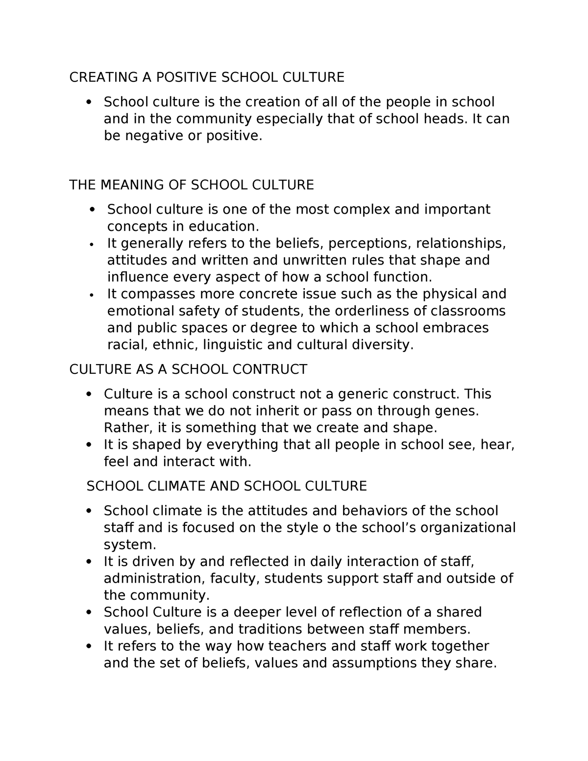 Creating A Positive School Culture - CREATING A POSITIVE SCHOOL CULTURE ...