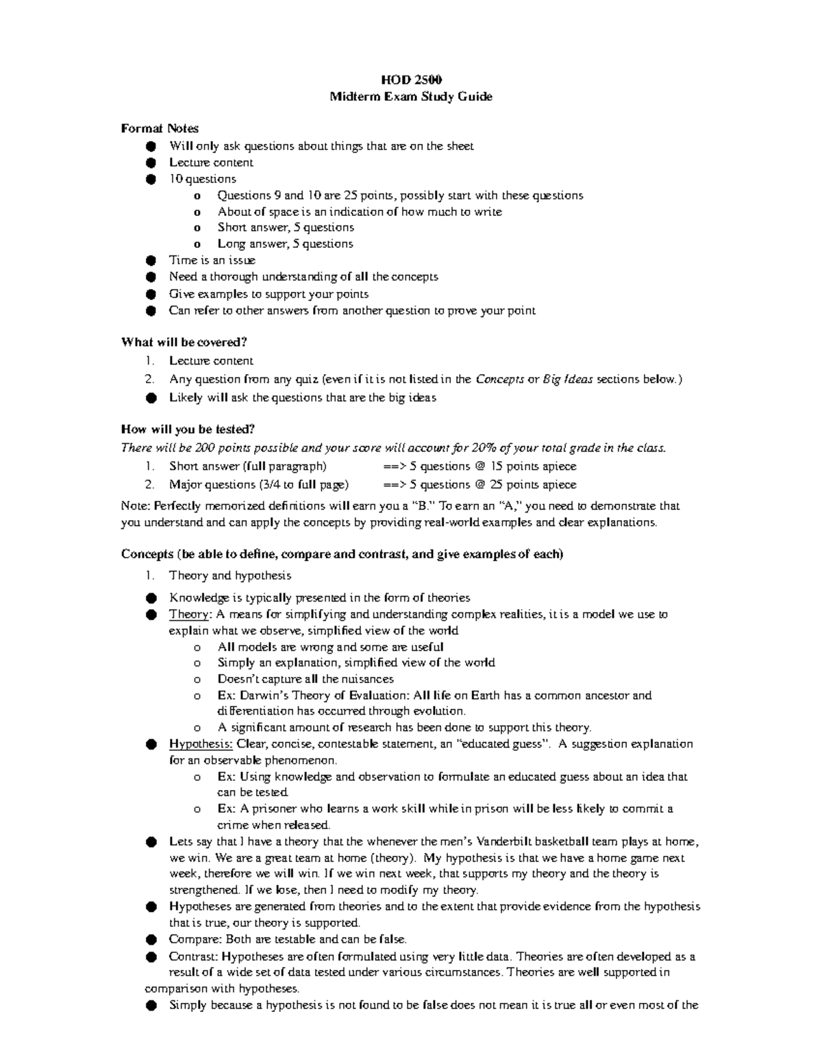 Midterm Study Guide - HOD 2500 Midterm Exam Study Guide Format Notes ...