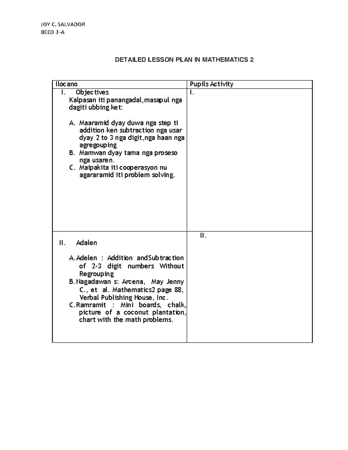 Mathematics Lesson PLAN ( Salvador) - BEED 3-A DETAILED LESSON PLAN IN ...