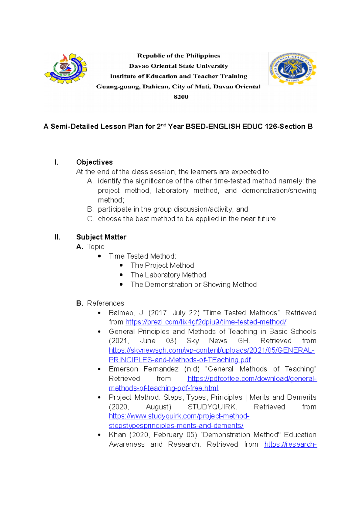 Lesson Plans - Topic : Improvised Instructional Practices and ...