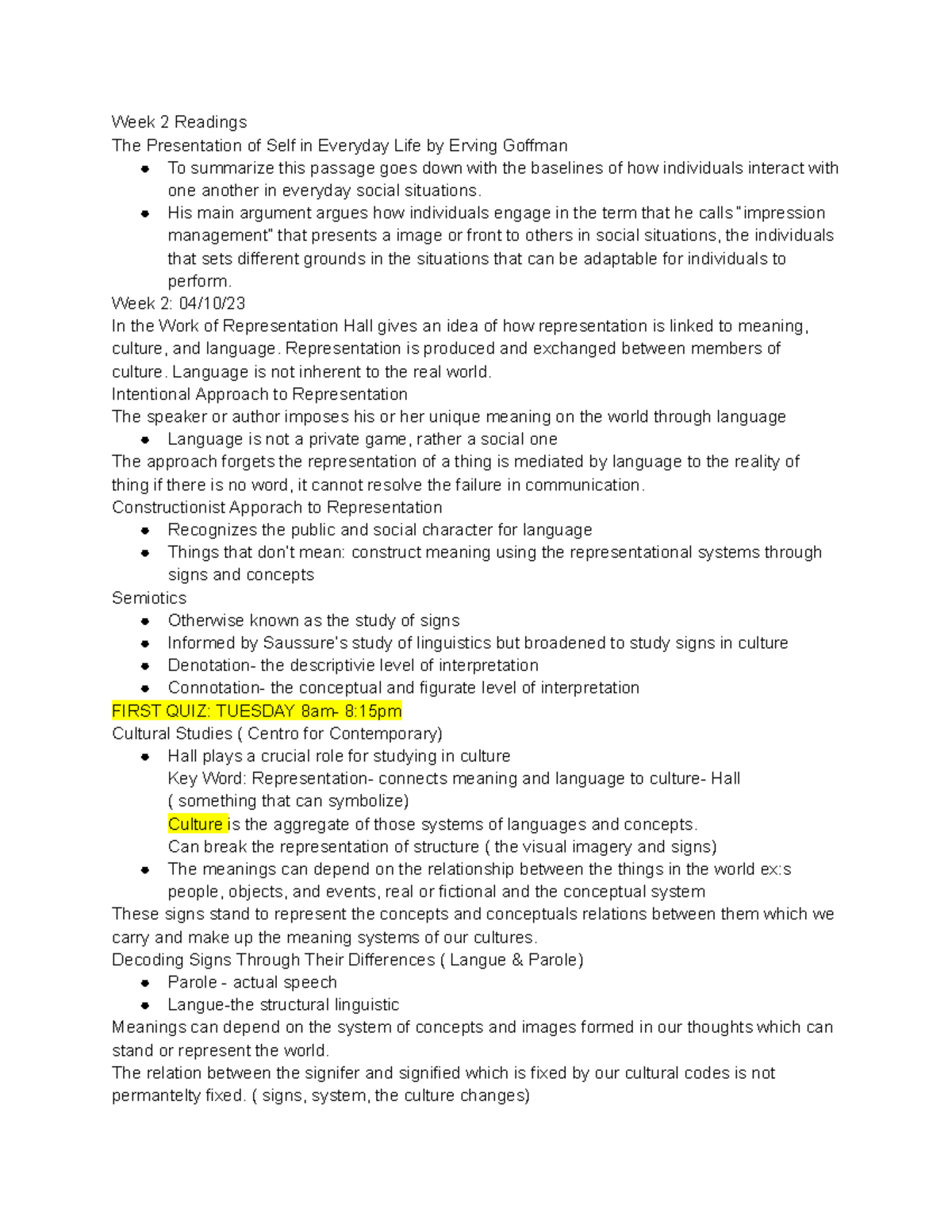 COMM Notes Part 2 - Google Docs - Week 2 Readings The Presentation of ...