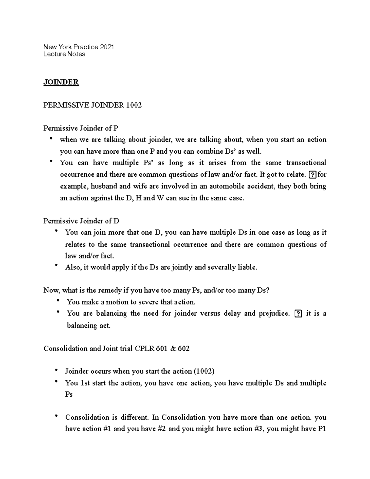 Notes on Joinder - New York Practice 2021 Lecture Notes JOINDER ...