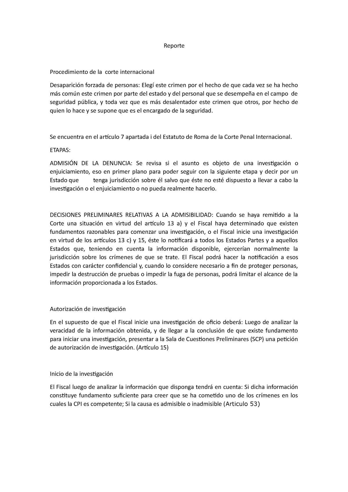 Procedimiento penal de la corte insternacional - Reporte Procedimiento ...