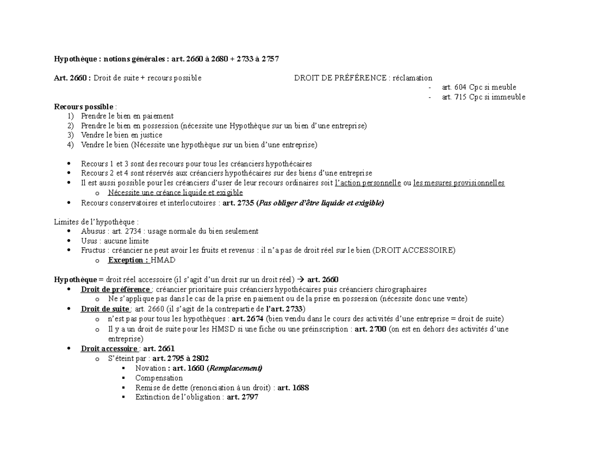 Summary course notes Securities – Mortgage: general notions: art.  2660 to 2680 + 2733 to 2757 Art.