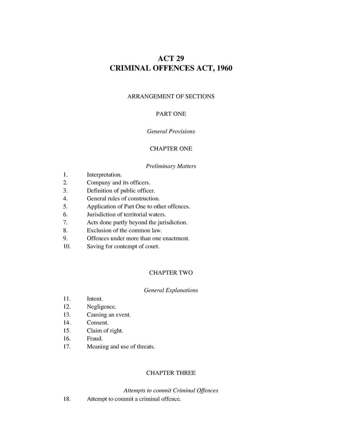 Criminal Offences Act 1960 Act 29 Criminal Offences Act 1960 Arrangement Of Sections Part One