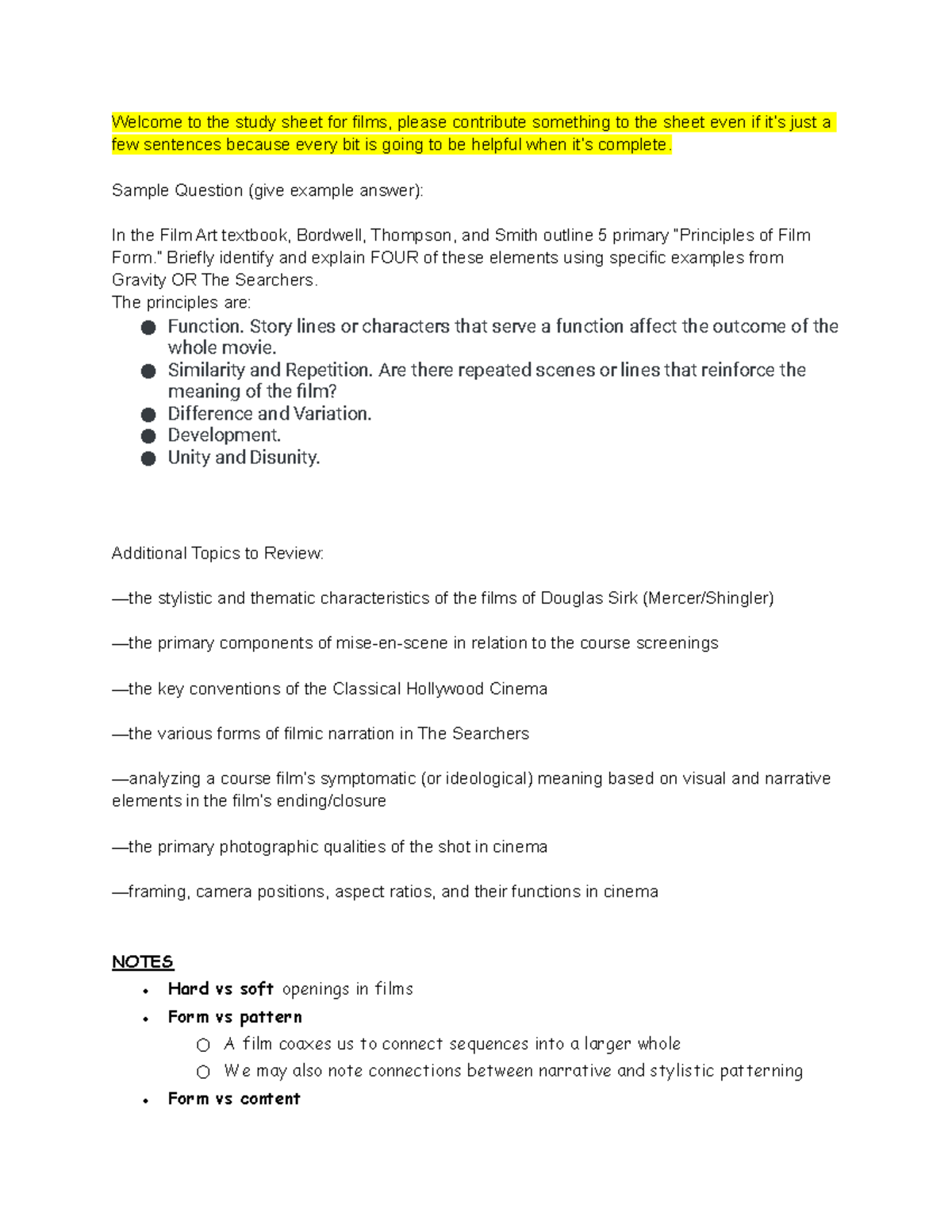 Film Studies Midterm Prep - Welcome to the study sheet for films ...