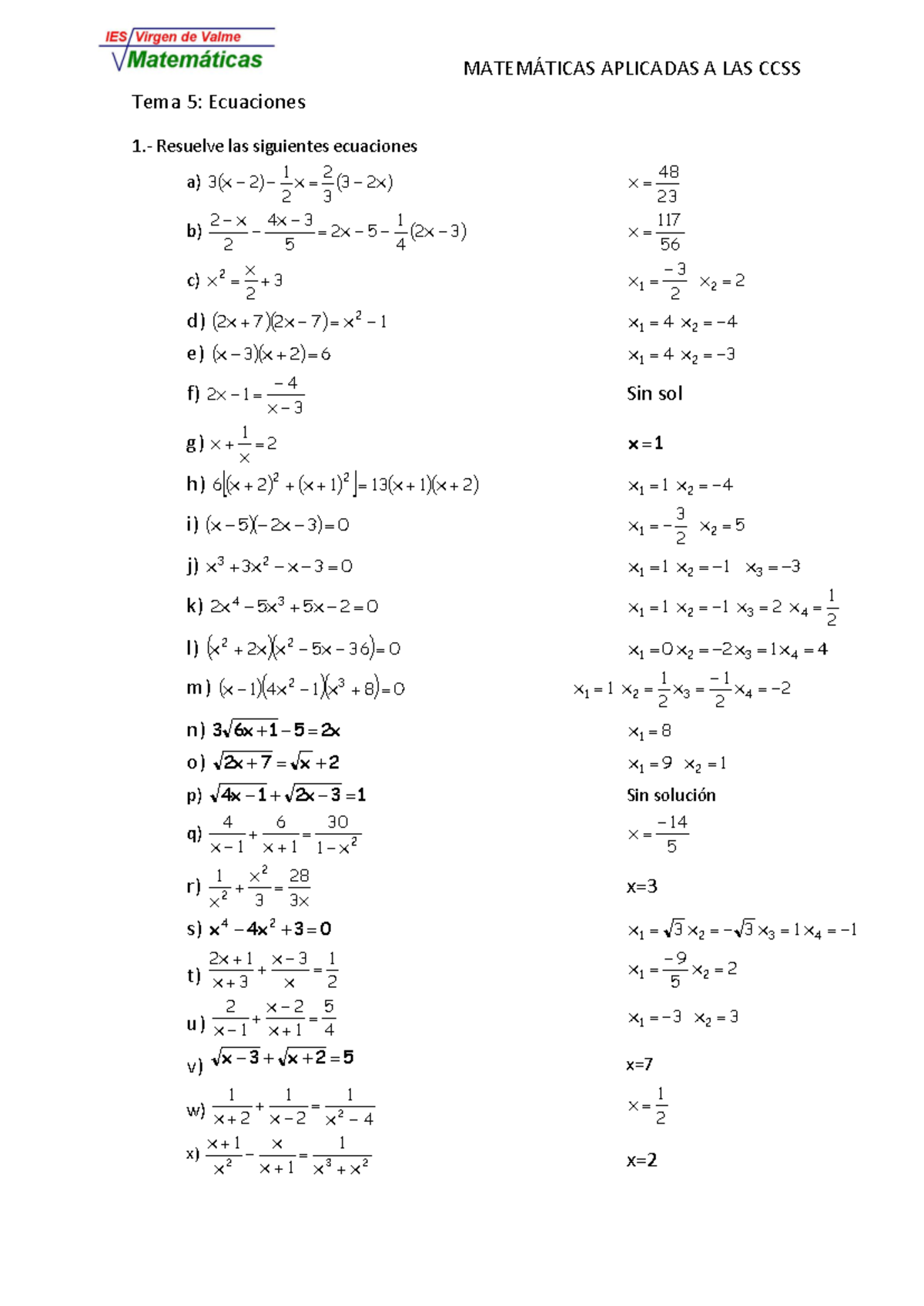 Repaso ecuaciones - MATEMÁTICAS APLICADAS A LAS CCSS Tema 5: Ecuaciones 