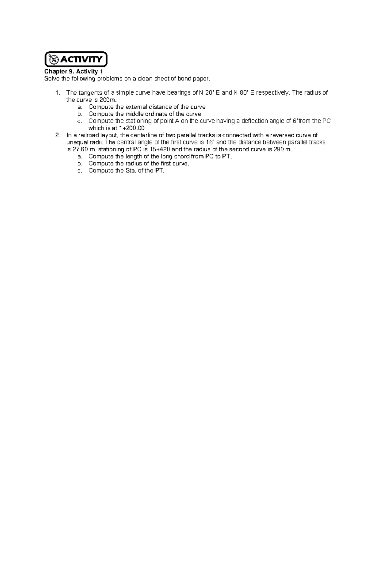 C9A1 - ........ - Chapter 9. Activity 1 Solve The Following Problems On ...