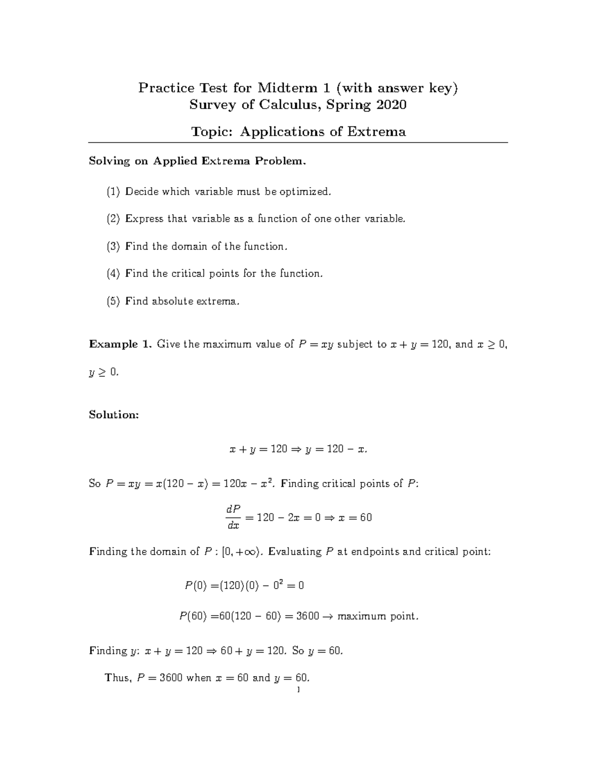 Midterm 2 - Applications of Extrema - Practice Test for Midterm 1 (with ...