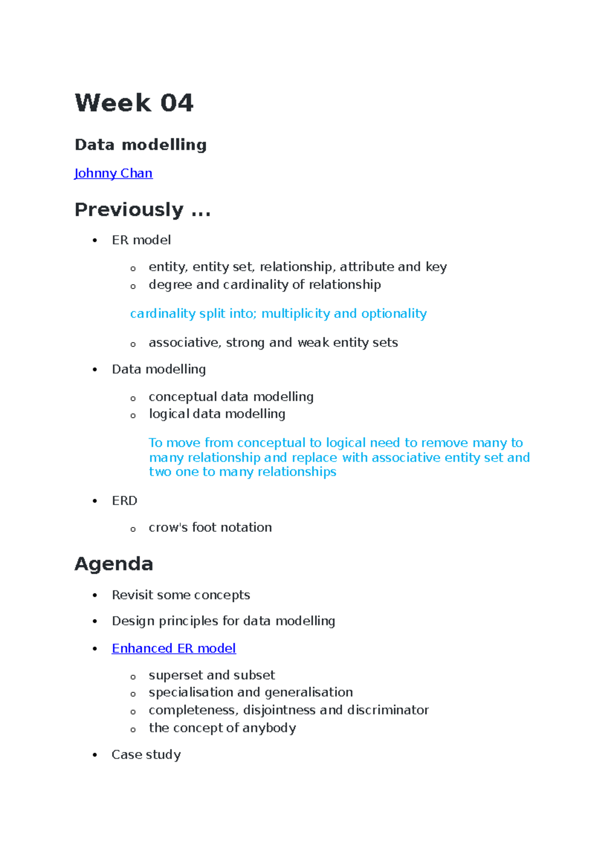 Wk 4 Data Modelling - Lecture notes - Week 04 Data modelling Johnny ...
