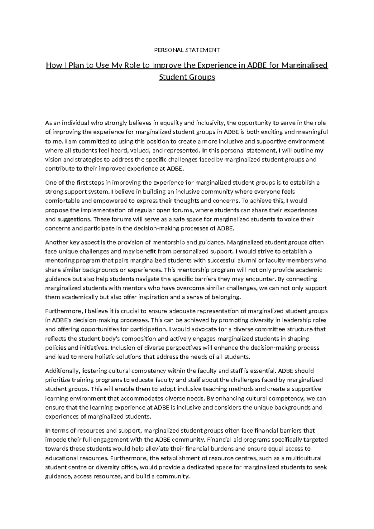 Personal Statement- ADBE - PERSONAL STATEMENT How I Plan to Use My Role ...