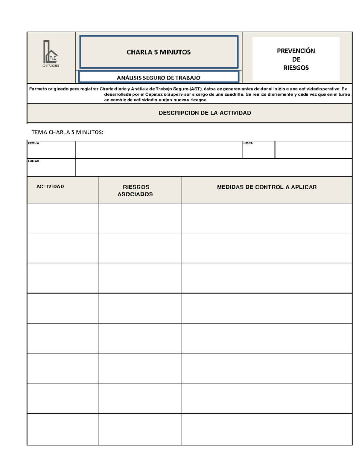 Charla 5 MIN Y AST Diaria - Formato Originado Para Registrar Charla ...