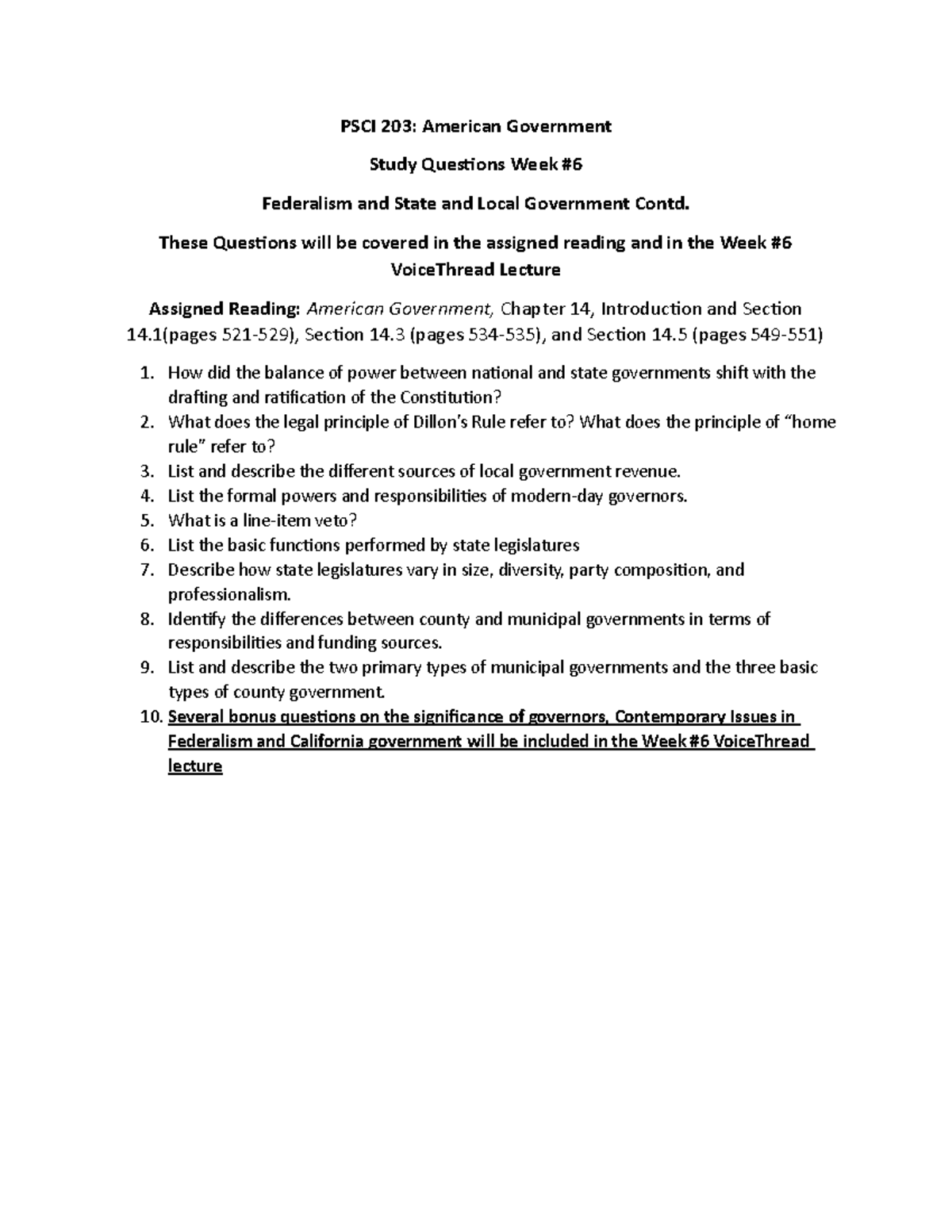 PSCI Week 6 Study Guide PSCI 203 American Government Study