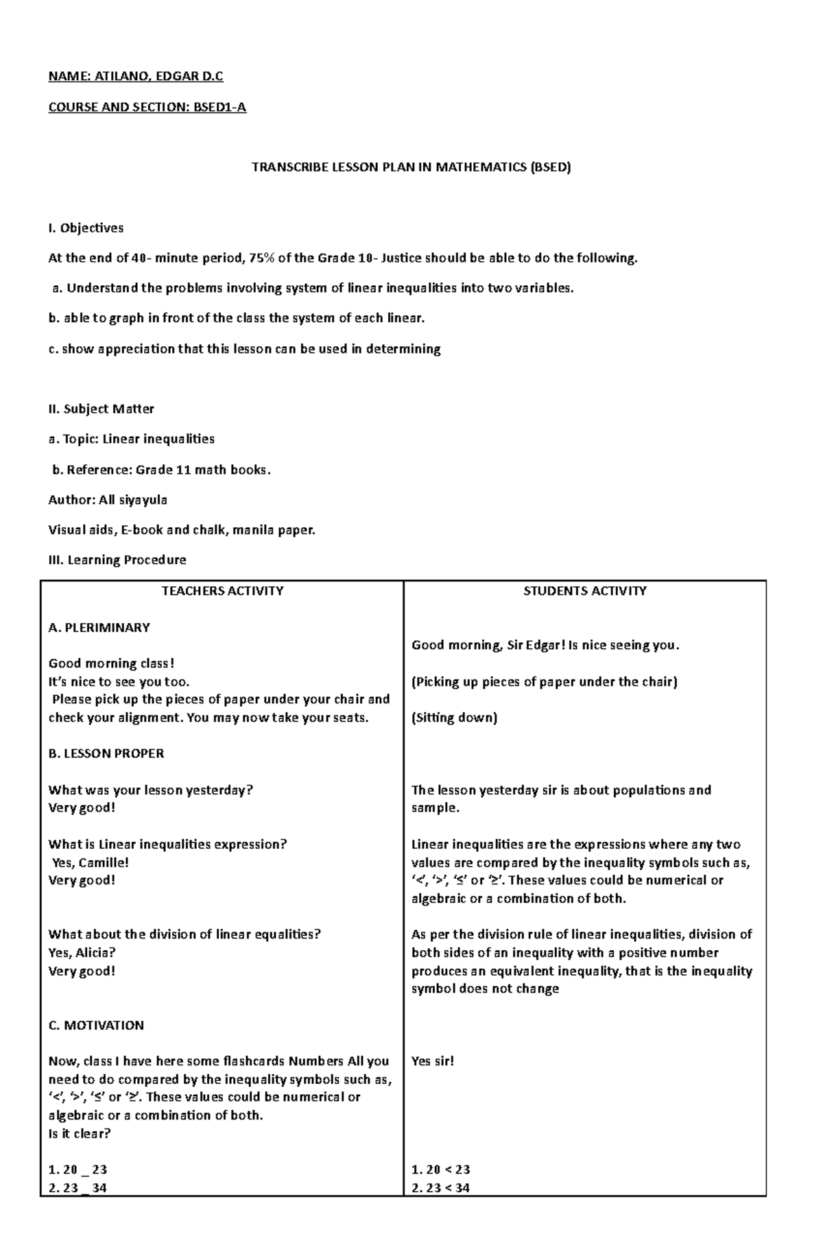 Transcribe Lesson PLAN IN Mathematics BSED Atilano Edgar D - NAME ...