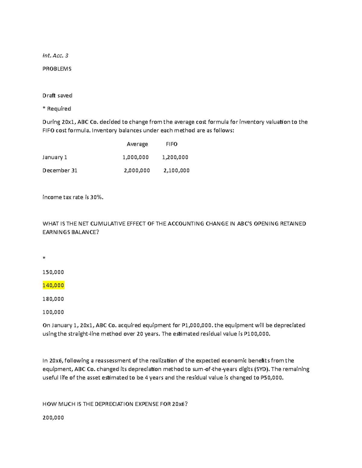 Int Sample Problem For Quiz Or Exam For Intermediate Accounting 3