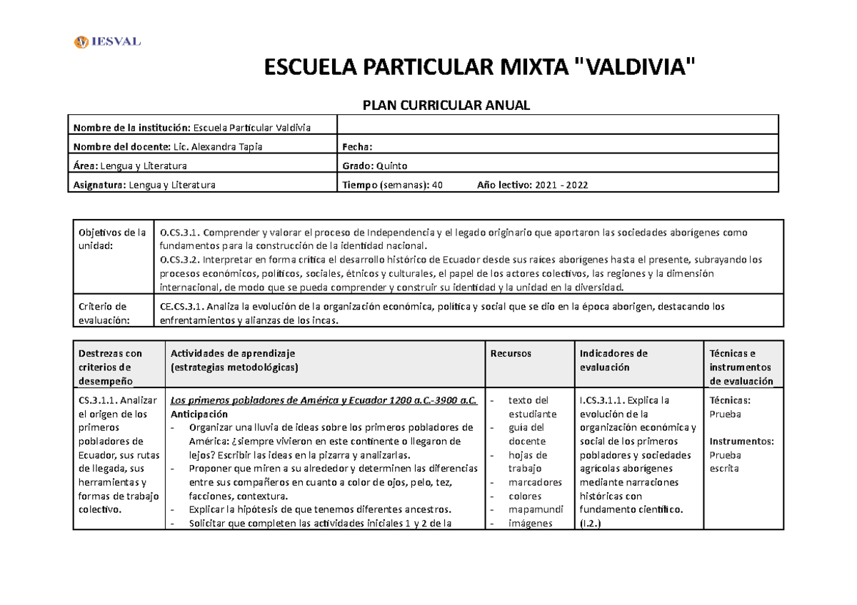 PCA Estudios Soiales 5TO - PLAN CURRICULAR ANUAL Objetivos de la unidad ...