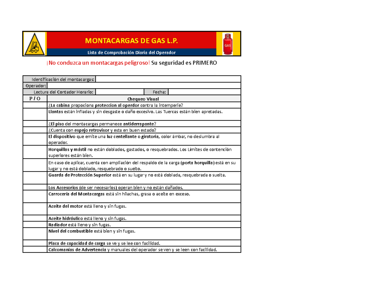 Check list de montacargas para revision - MONTACARGAS DE GAS L. Lista