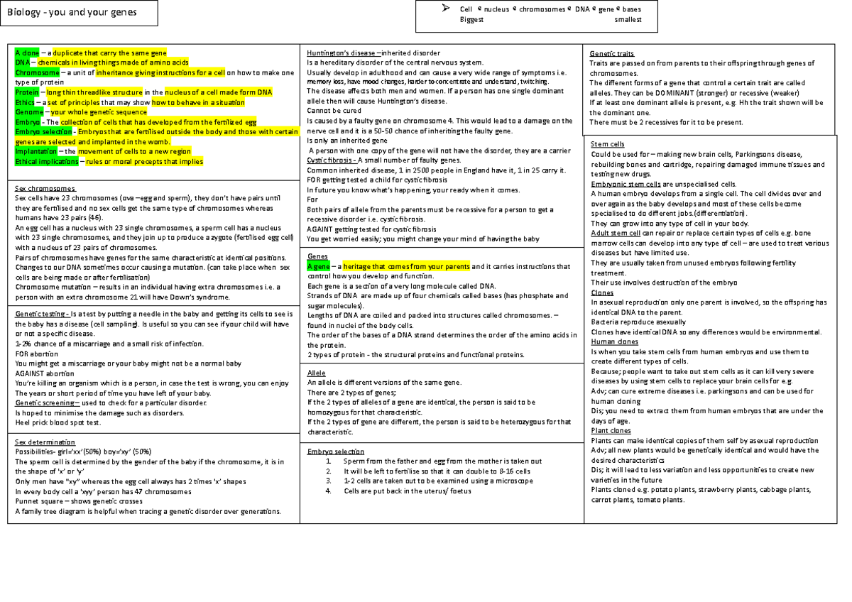 B1 revision notes one page - Genetic traits Traits are passed on from ...