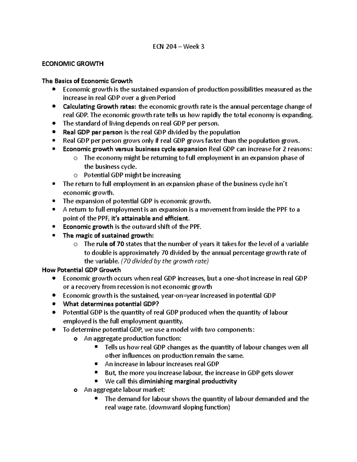 Week 3 - ECN 204 - Macro notes - ECN 204 – Week 3 ECONOMIC GROWTH The ...