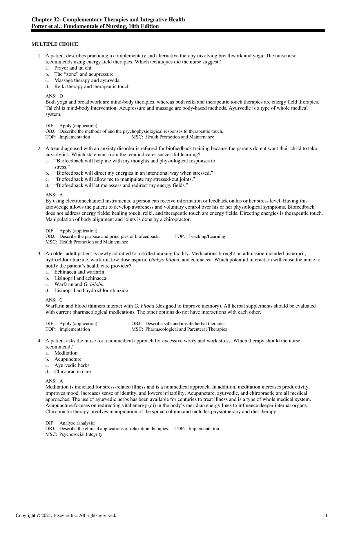 Exam View - Chapter 32 - Chapter 32: Complementary Therapies and ...