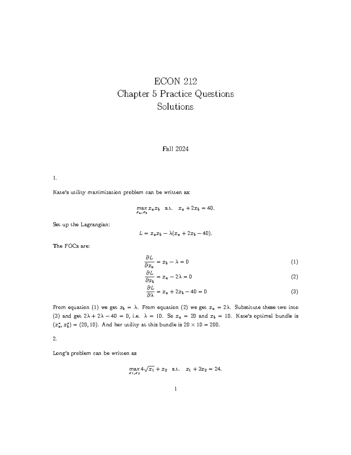 Ch5 Practice Solutions - ECON 212 Chapter 5 Practice Questions ...