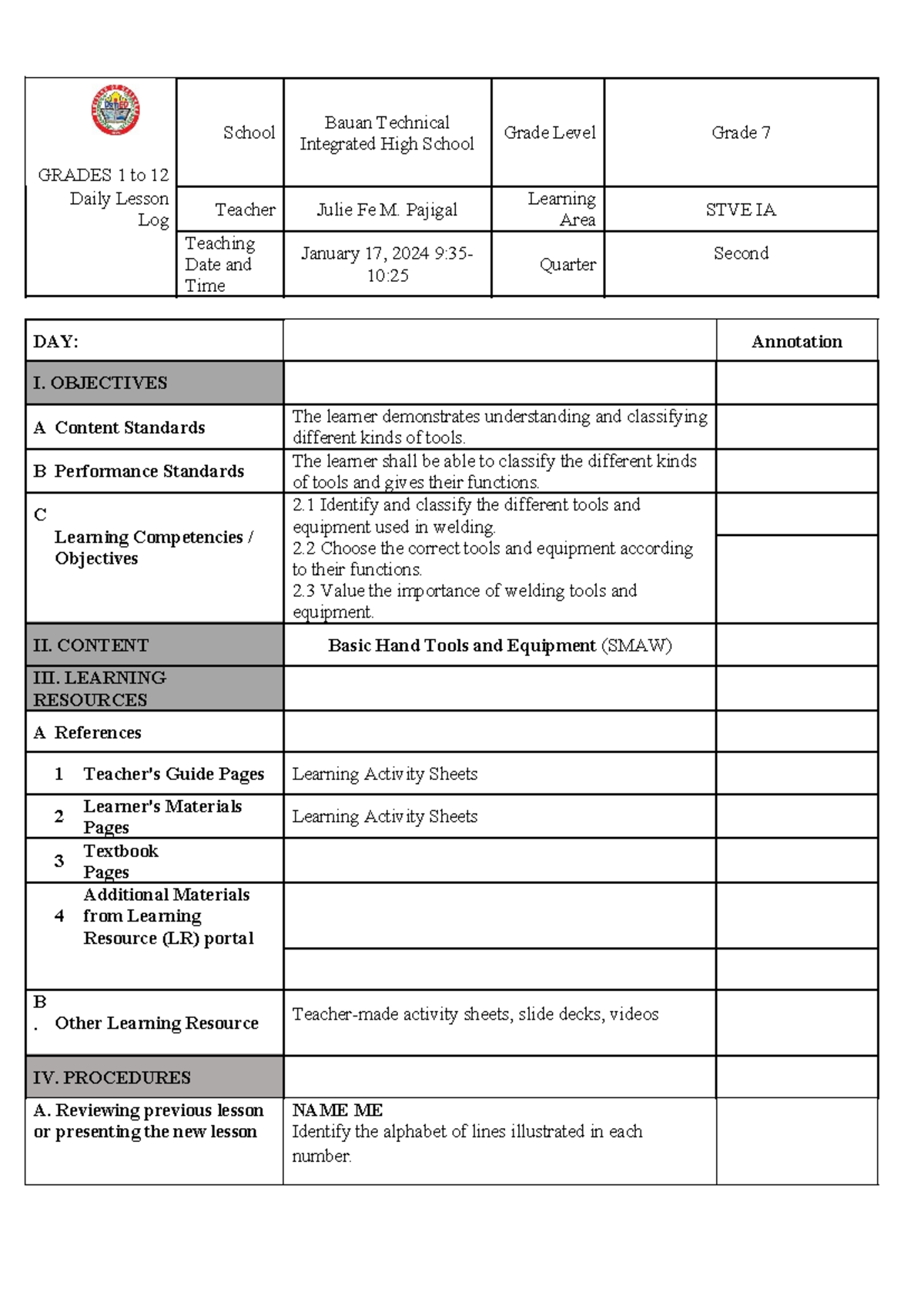 Tools and Equipment SMAW GRADES 1 to 12 School Bauan Technical Integrated High School Grade