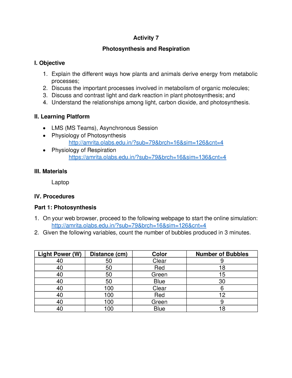 Activity 7 Photosynthesis and Respiration - Objective Explain the ...