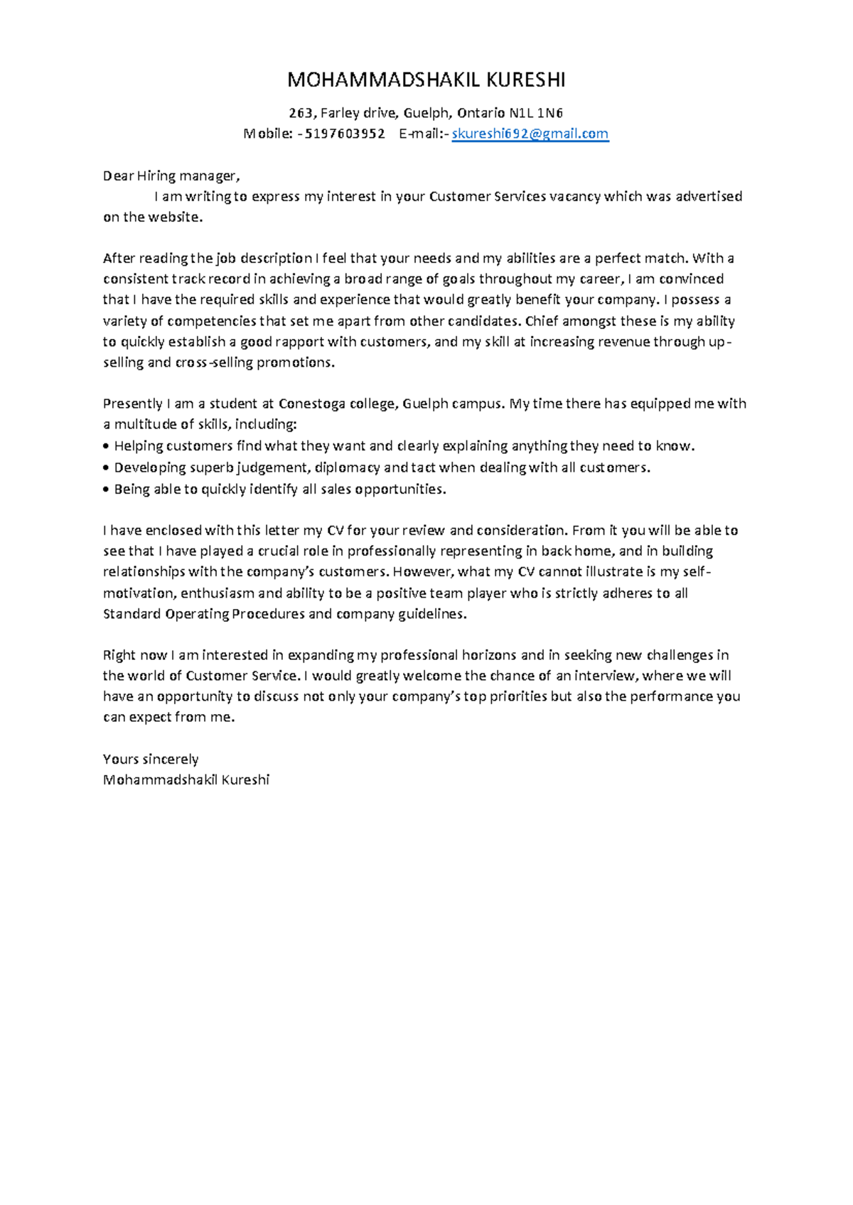 Customer service cover letter - MOHAMMADSHAKIL KURESHI 263, Farley ...