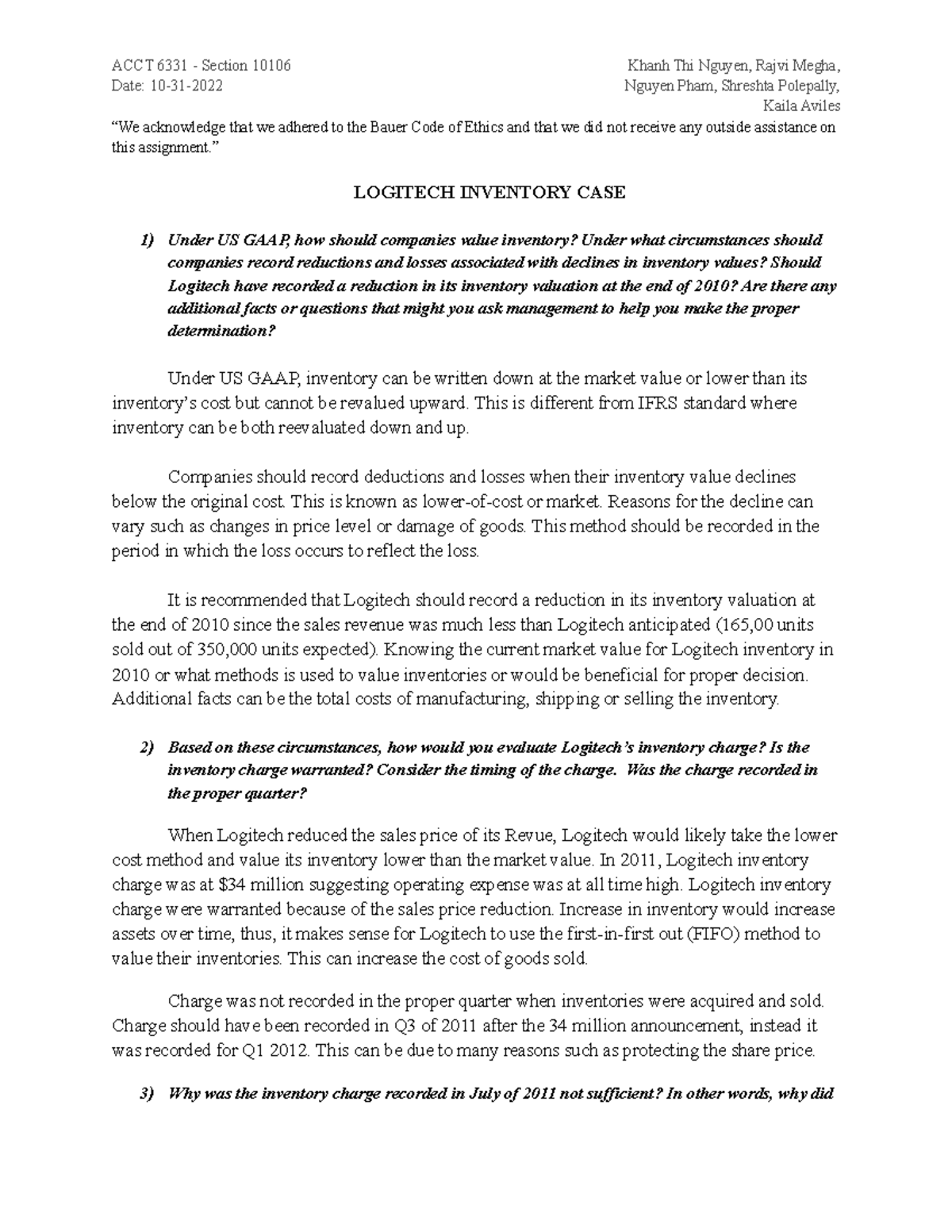 Assignment 4 Logitech Inventory - ACCT 6331 - Section 10106 Khanh Thi ...