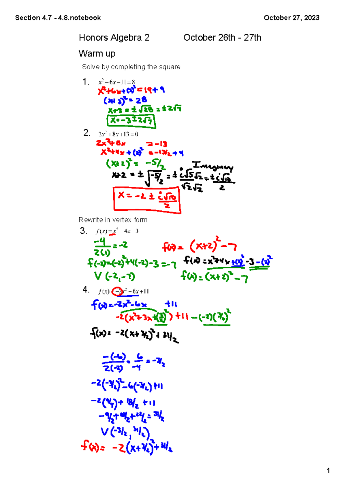 Section+4 - Honors Algebra 2 October 26th 27th Warm up ####### Solve by ...