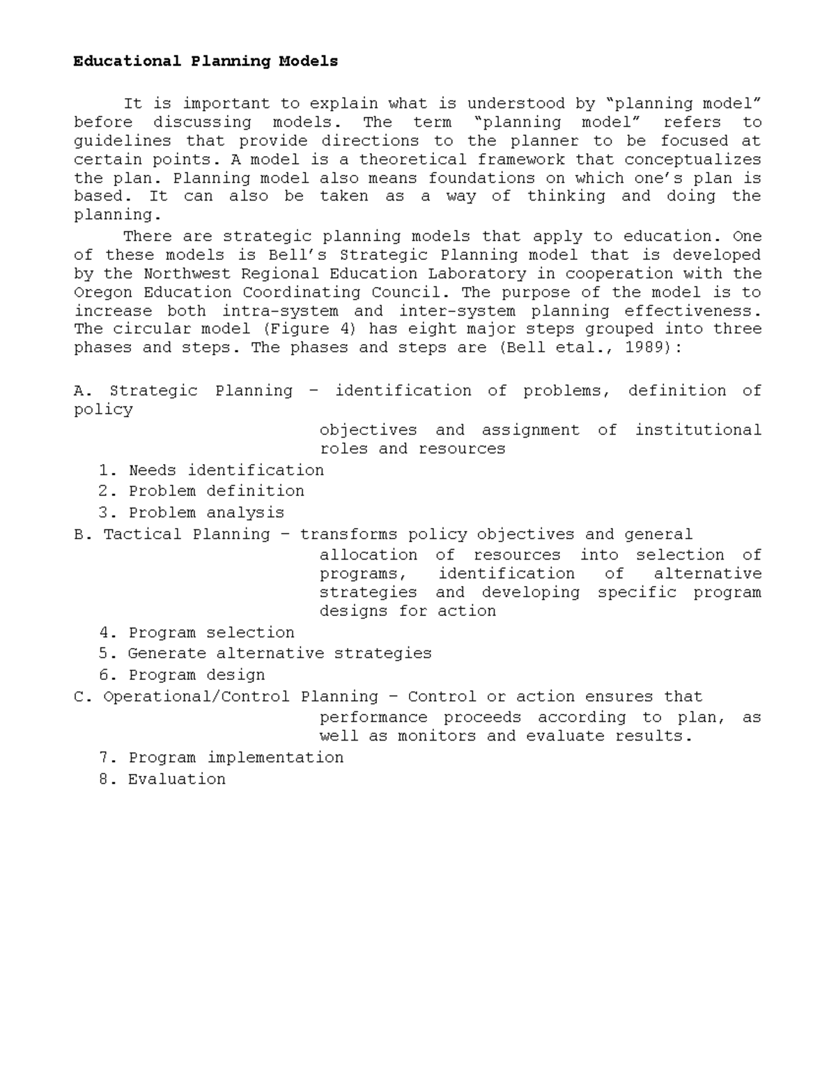 Ed Educational Planning Models Educational Planning Models It is