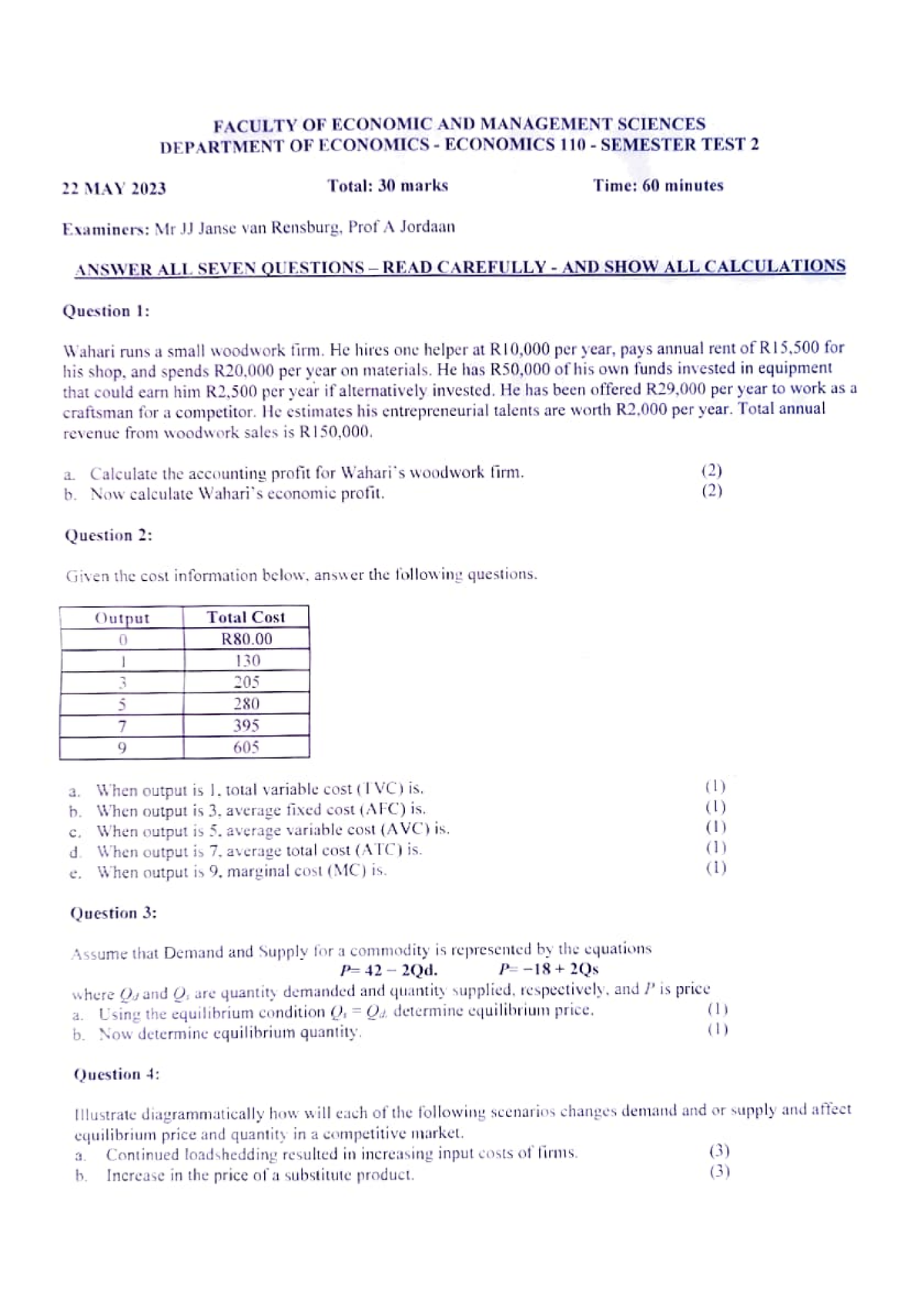 EKN 110 Semester Test 2 2023 - 22 MAY 2023 Examiners: Mr JJ Janse Van ...