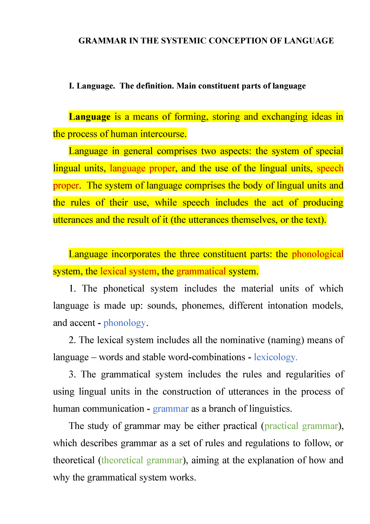 TG Lecture 1 - GRAMMAR IN THE SYSTEMIC CONCEPTION OF LANGUAGE I. Language.  The definition. Main - Studocu