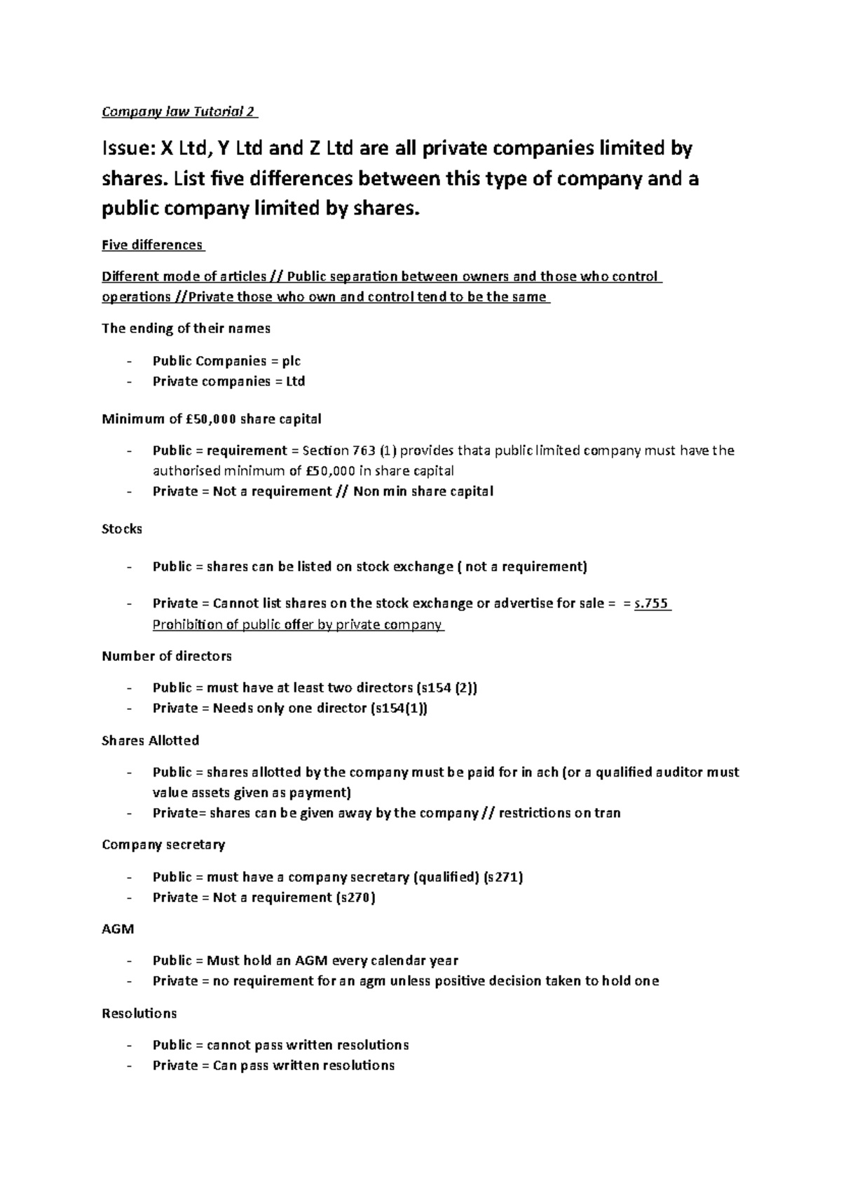 Tutorial 2 focused on Company Law with the relevant statute LS2525