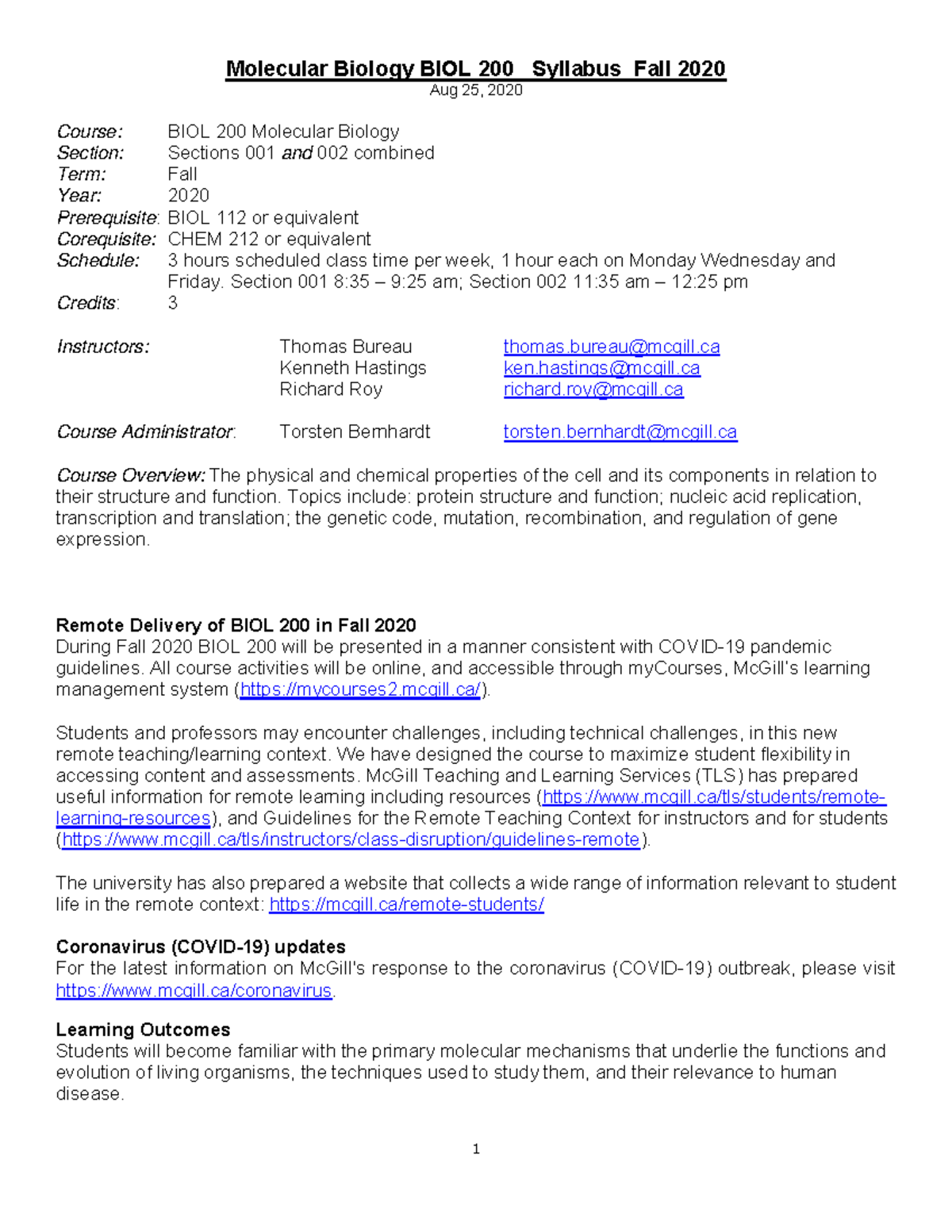 Syllabus 2020 - Molecular Biology BIOL 200 Syllabus Fall 2020 Aug 25 ...