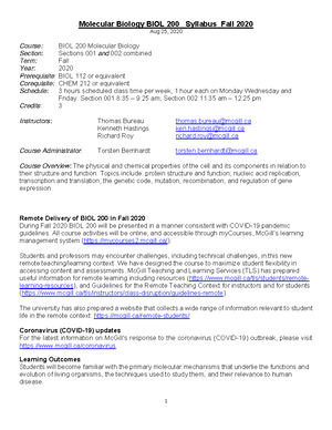 Biol200 Syllabus - Molecular Biology BIOL 200 Syllabus Fall 2022 Aug 29 ...