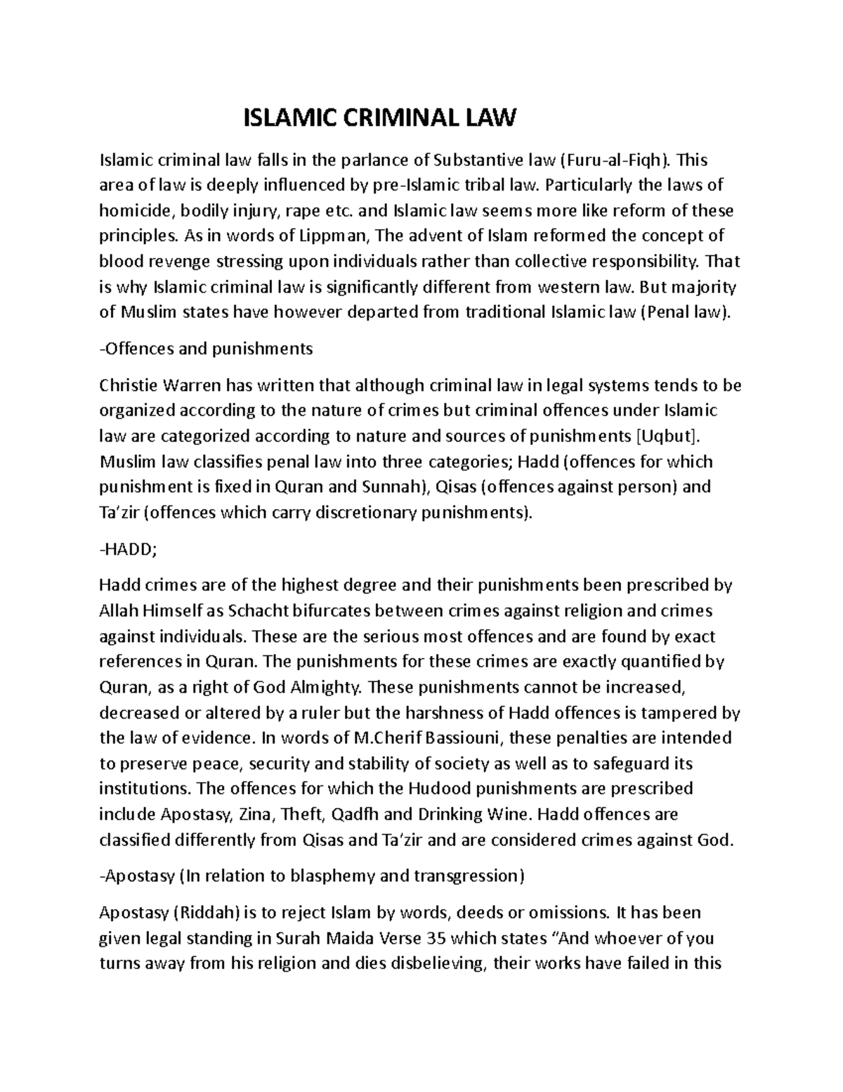 Islamic Criminal LAW Essays ISLAMIC CRIMINAL LAW Islamic criminal