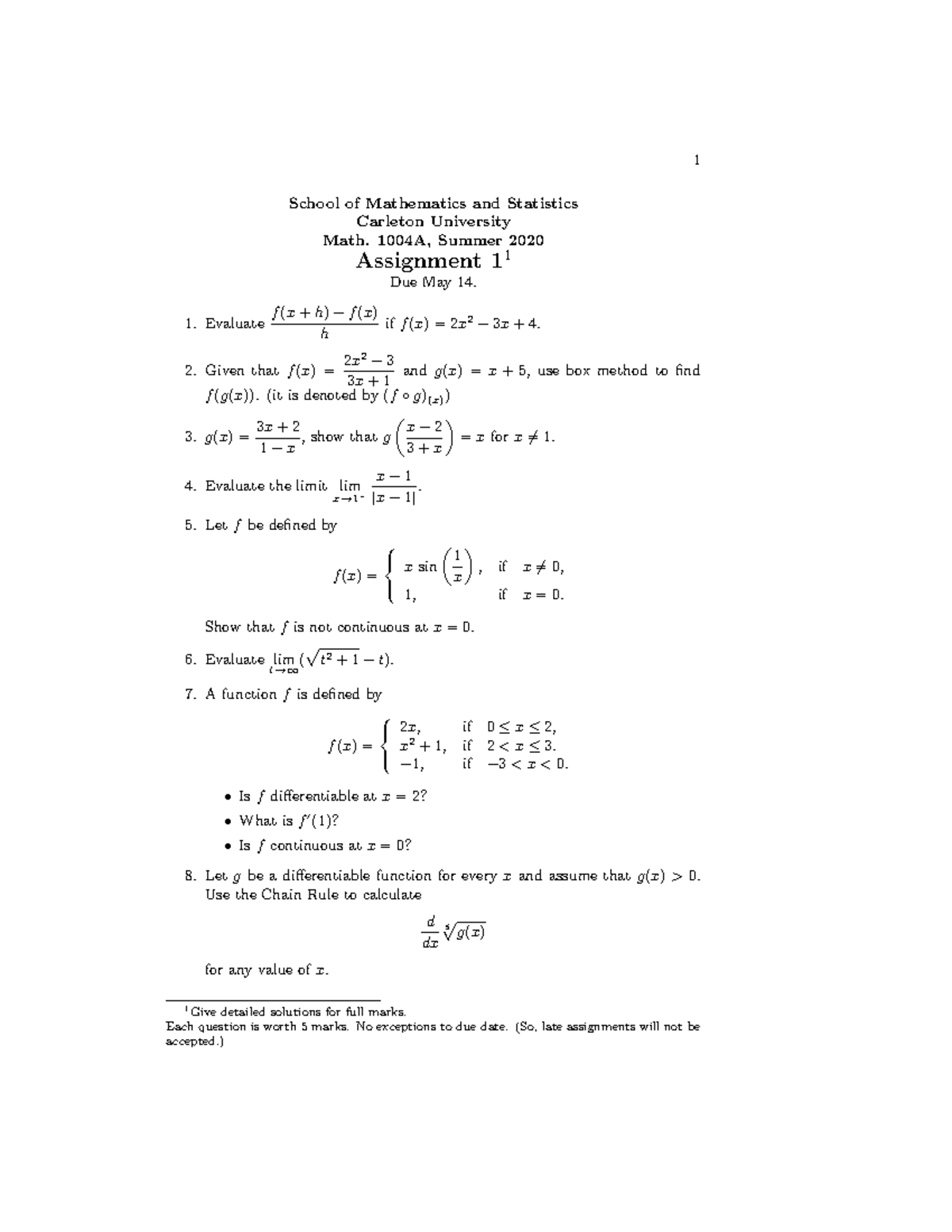 Exam 2020 - 1 School of Mathematics and Statistics Carleton University ...