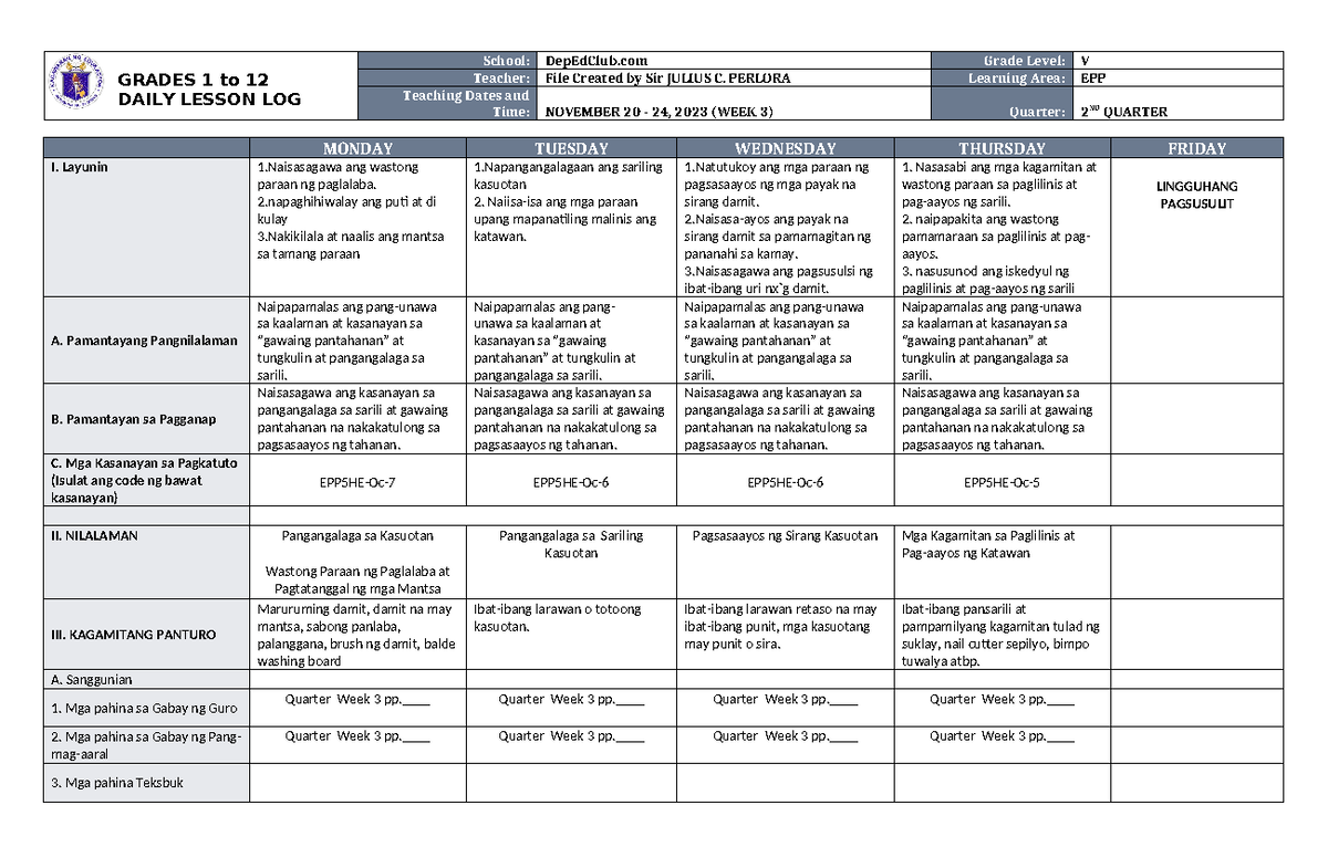 DLL EPP 5 Q2 W3 - none - GRADES 1 to 12 DAILY LESSON LOG School ...