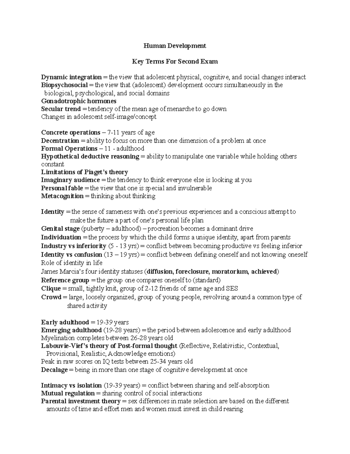 Key Terms For Second Exam - Human Development Key Terms For Second Exam ...