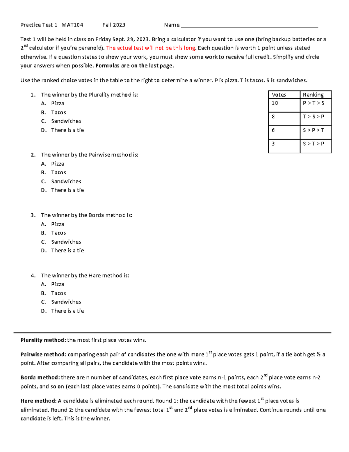 Practice Test 1 - Copy - Practice Test 1 MAT104 Fall 2023 Name - Studocu
