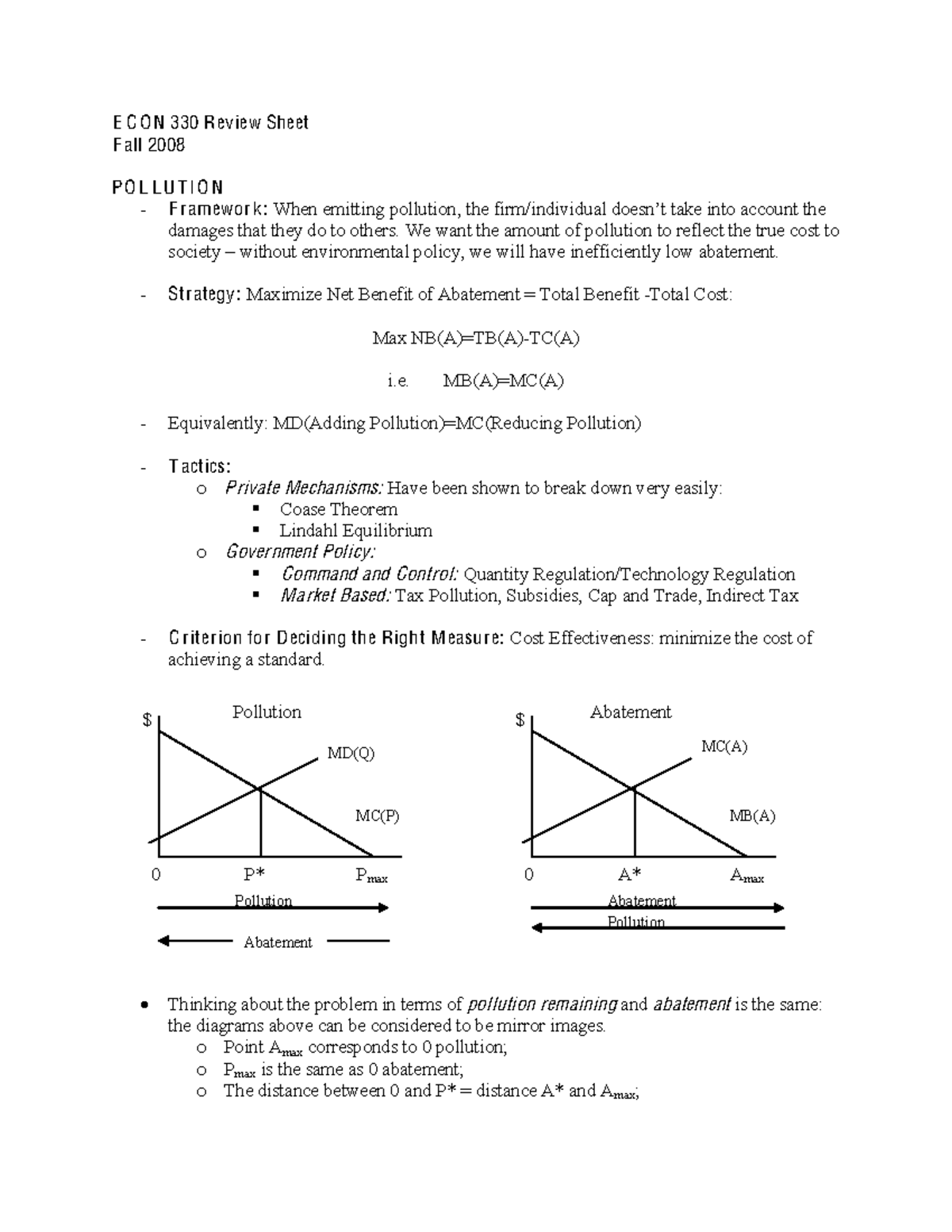 Econ 330 Midterm Review - E C O N 330 Review Sheet F all 2008 P O L L U ...