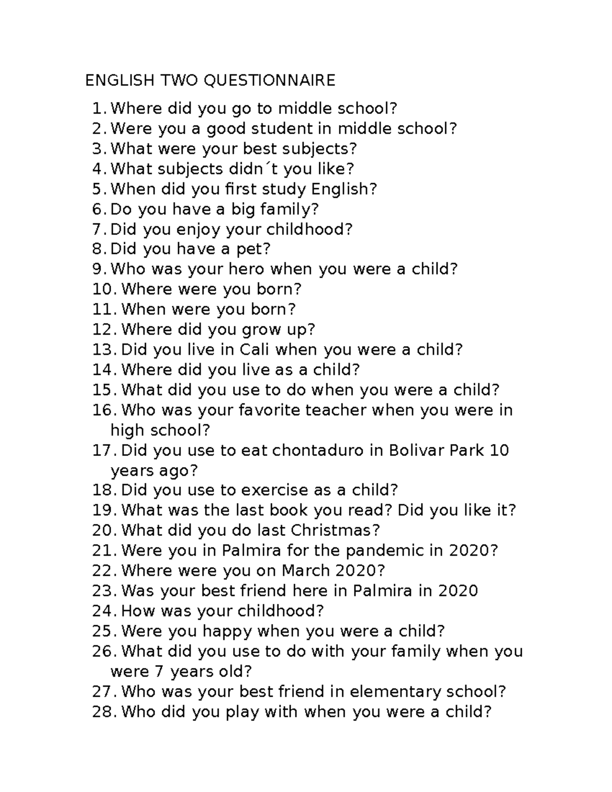 English TWO Questionnaire, Second ORAL EXAM Answer - ENGLISH TWO ...