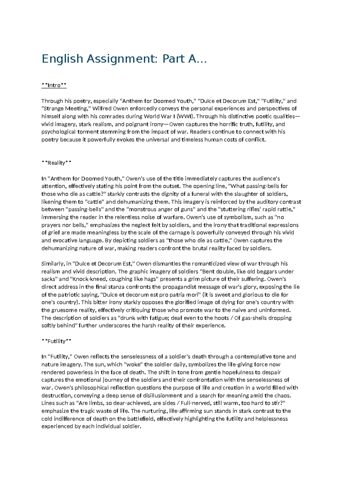 ENglish Part A - Not much - English Assignment: Part A... Intro Through ...