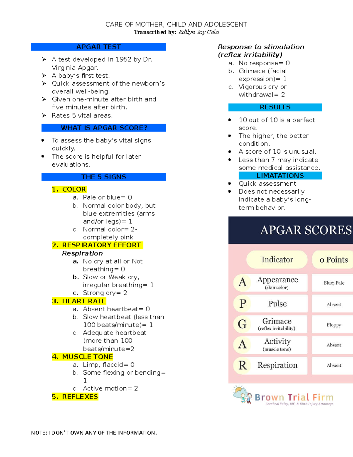 Apgar TEST - CARE OF MOTHER, CHILD AND ADOLESCENT Transcribed by ...
