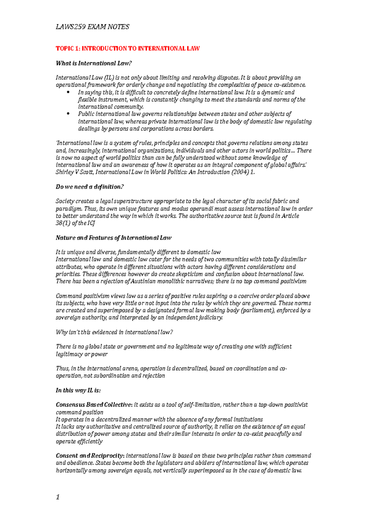 International Law Notes - LAWS259 EXAM NOTES TOPIC 1: INTRODUCTION TO ...
