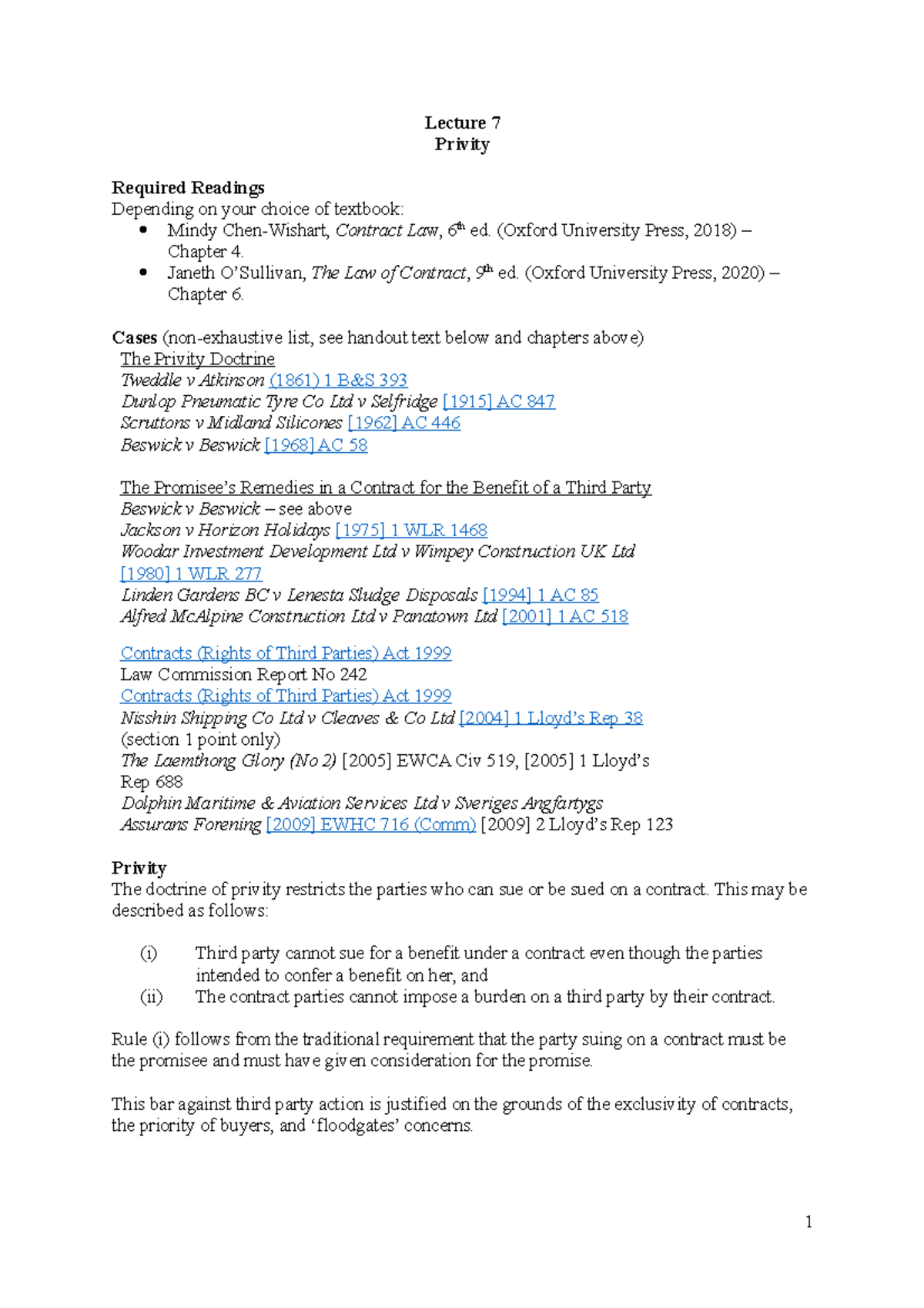 Privity Handout - Lecture notes 15 - Lecture 7 Privity Required ...