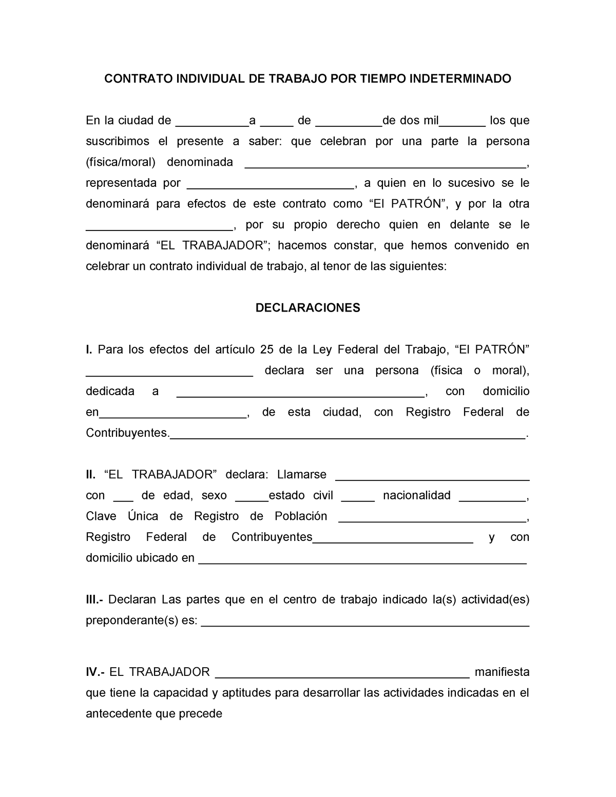 Contrato Individual DE Trabajo POR Tiempo Indeterminado CONTRATO INDIVIDUAL DE TRABAJO POR