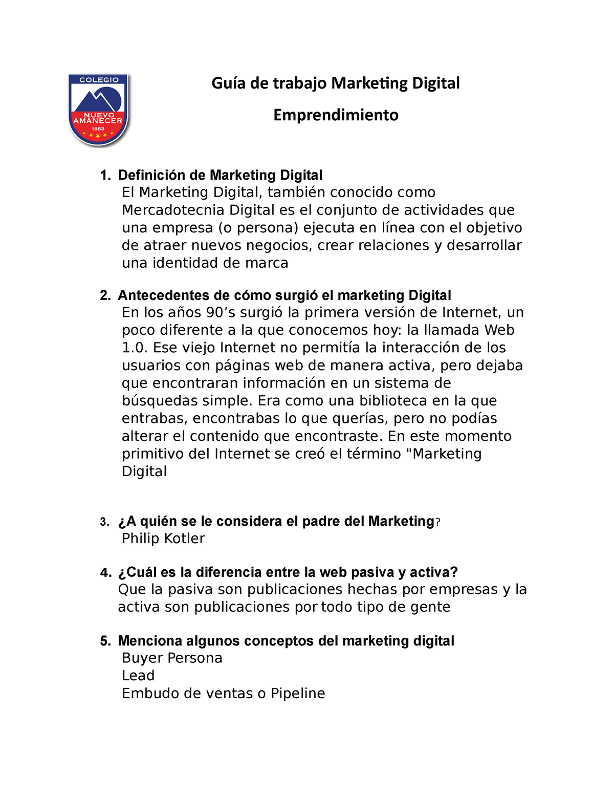 Guía de trabajo Marketing Digital - Guía de trabajo Marketing Digital  Emprendimiento Definición de - Studocu