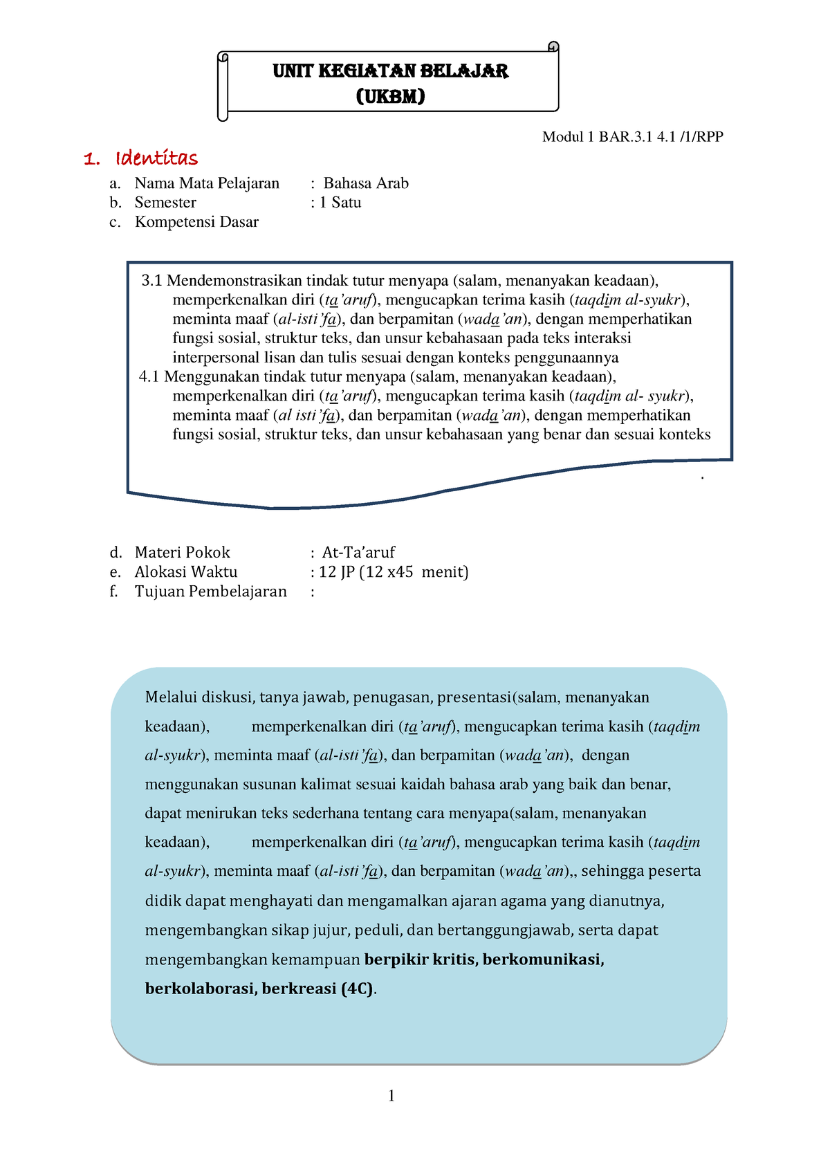 Modul-bahasa-arab - Modul-bahasa-arab - Modul 1 BAR.3 4 /1/RPP ...